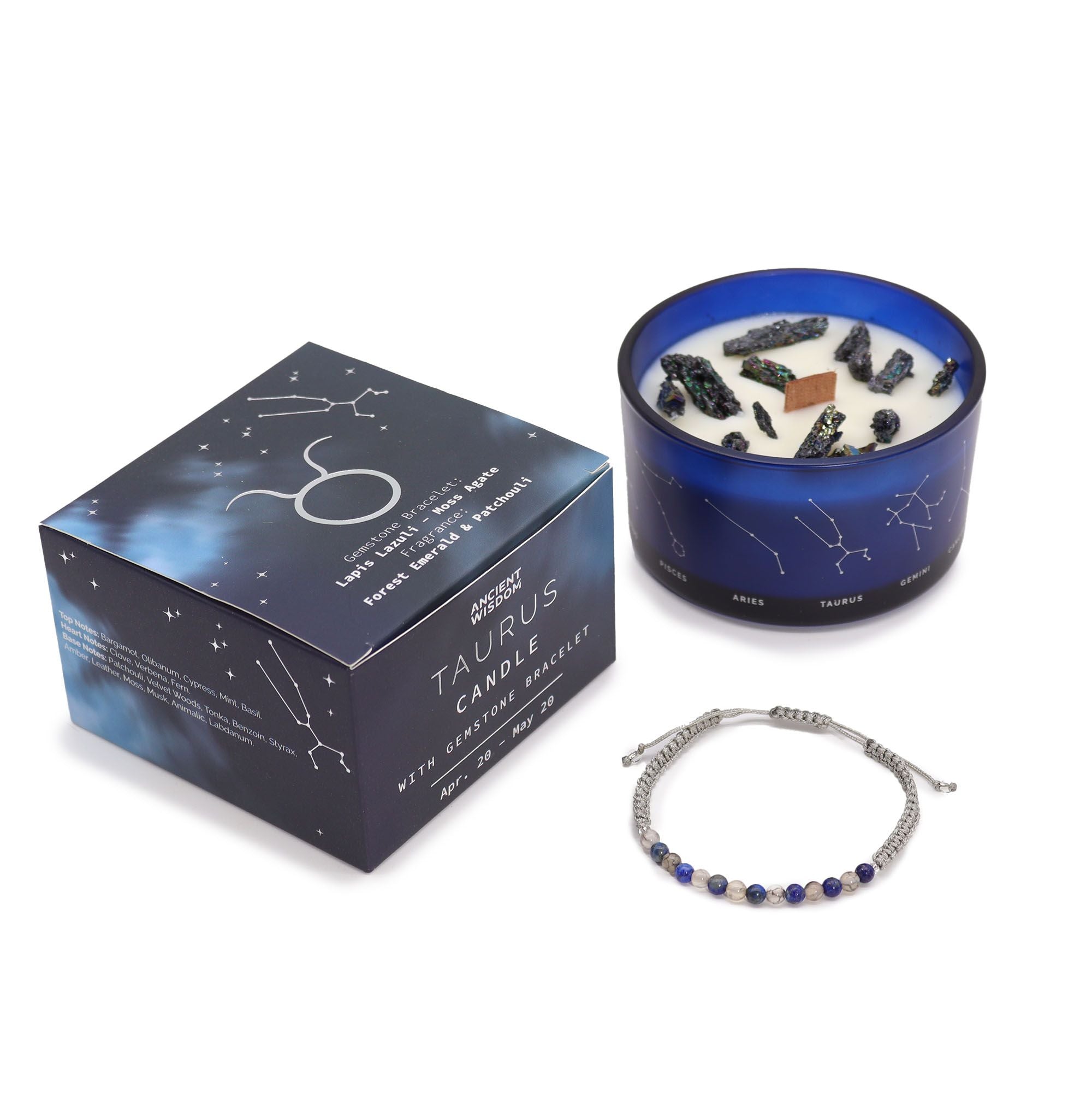 * Bougie Cristal Zodiaque avec Bracelet en Pierres Précieuses – Taureau