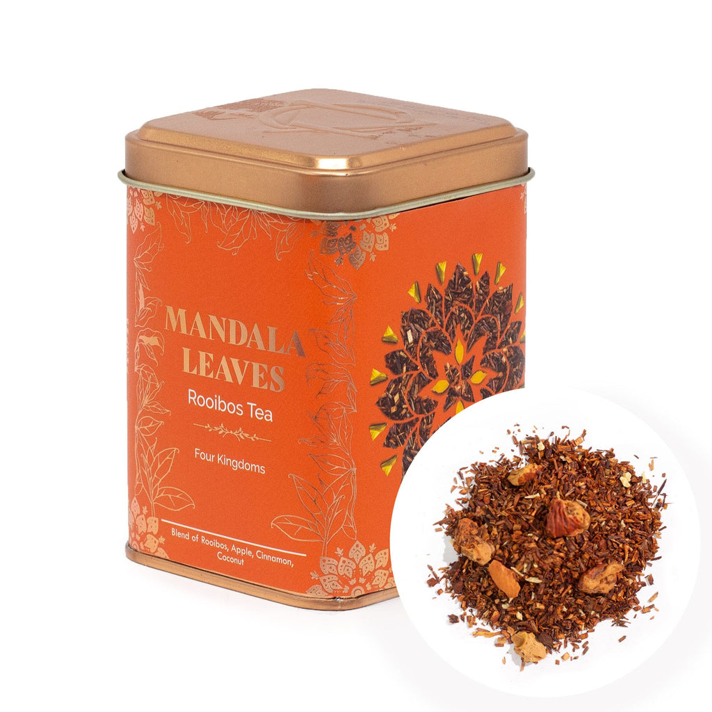 Thé Quatre Royaumes 50g – Infusion Rooibos Pomme Cannelle Noix de Coco | Boîte Métallique