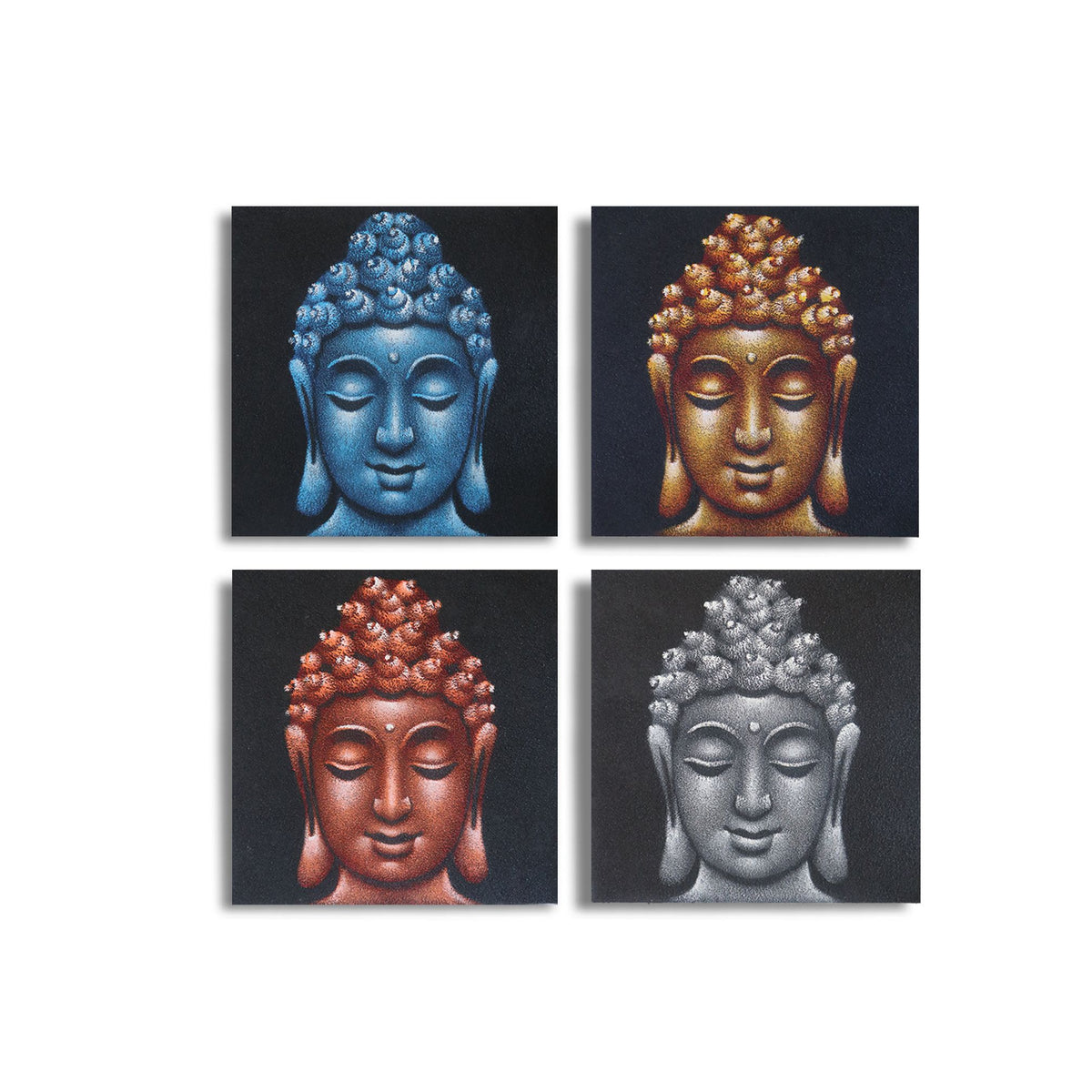 * Ensemble de 4 tableaux de têtes de Bouddha avec détails sablés, 30 × 30 cm