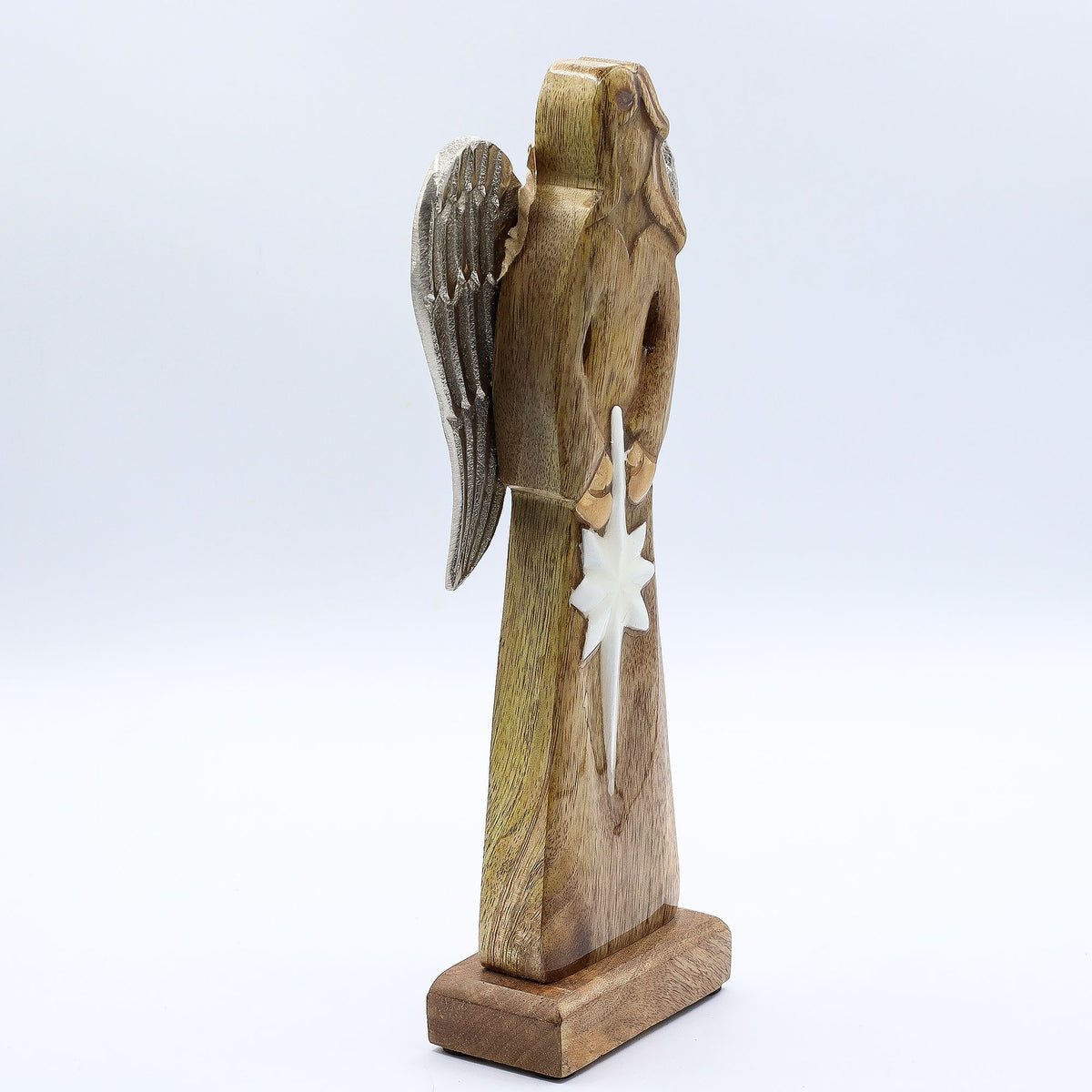* Grand ange de la paix en bois de manguier 30 cm – Ailes en métal et détails émaillés