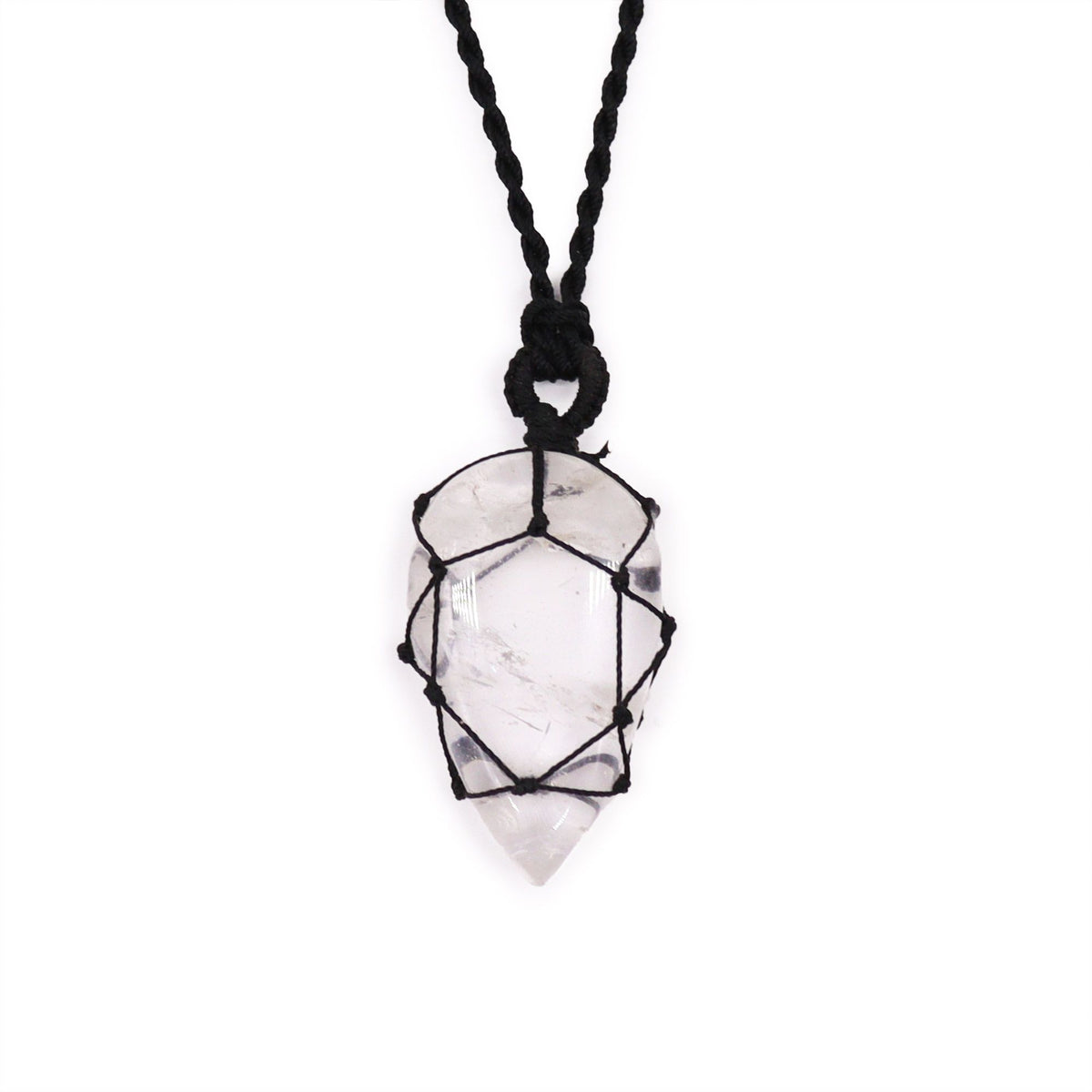 Pendentif goutte en cristal de roche avec cordon noué
