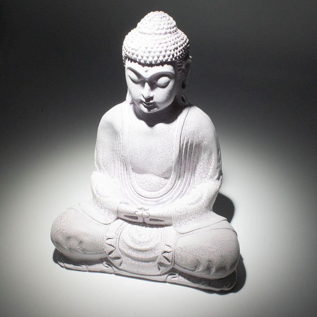 * Lampe Bouddha en méditation – Finition lavande craquelée et socle ovale