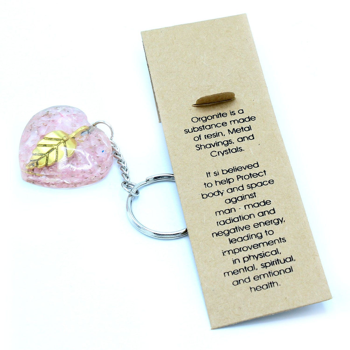 * Porte-clés en orgonite – Quartz rose, cœurs et feuille dorée