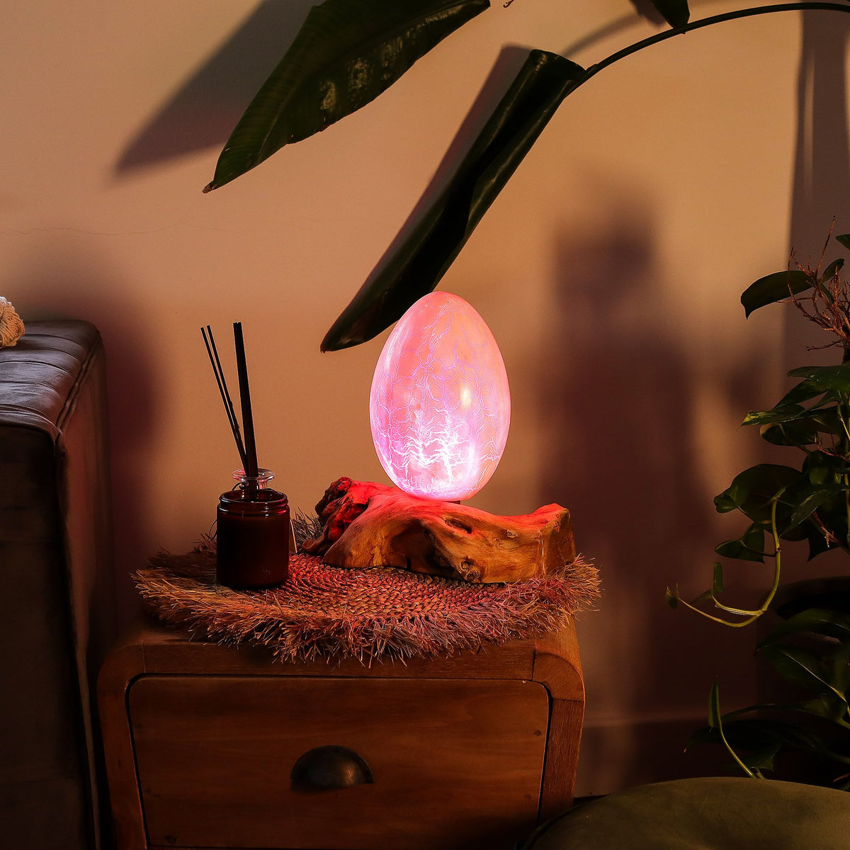 * Lampe DriftGlow Crackle Fire – Abat-jour œuf orange craquelé et pied en bois flotté