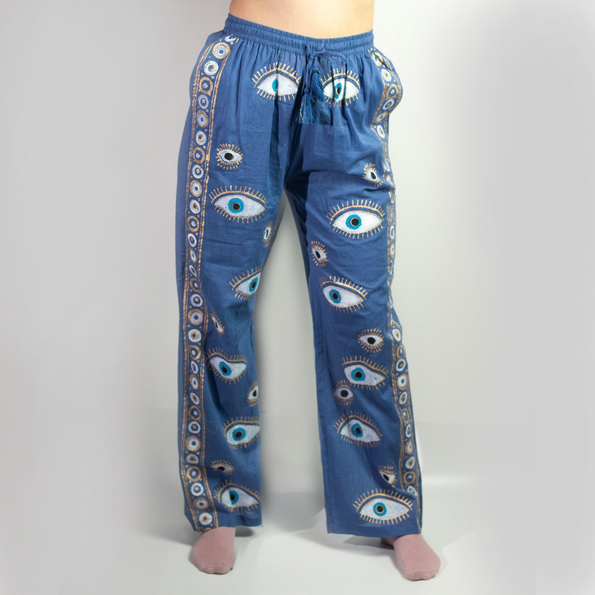 Pantalon Lounge Femme Bleu Roi & Œil Mauvais Œil Doré Peint à la Main – Collection Nomad Sari Méditerranée (M/L)