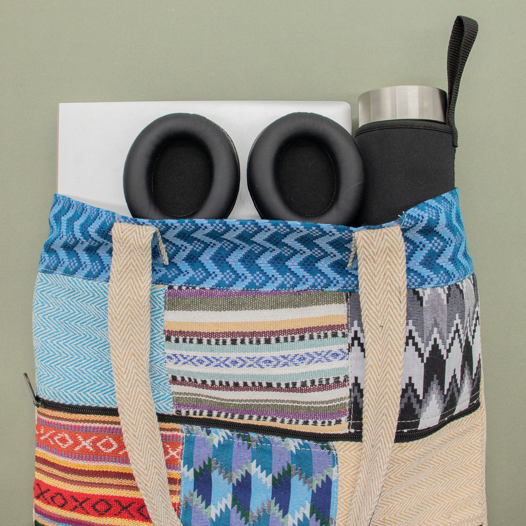 Tote Bag Patchwork Katmandou – Motif Dhaka Tissé Main | 37x38cm | Artisanal Népal