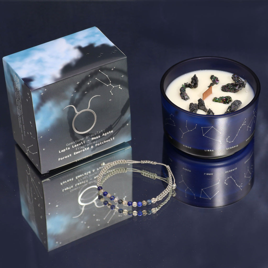 * Bougie Cristal Zodiaque avec Bracelet en Pierres Précieuses – Taureau