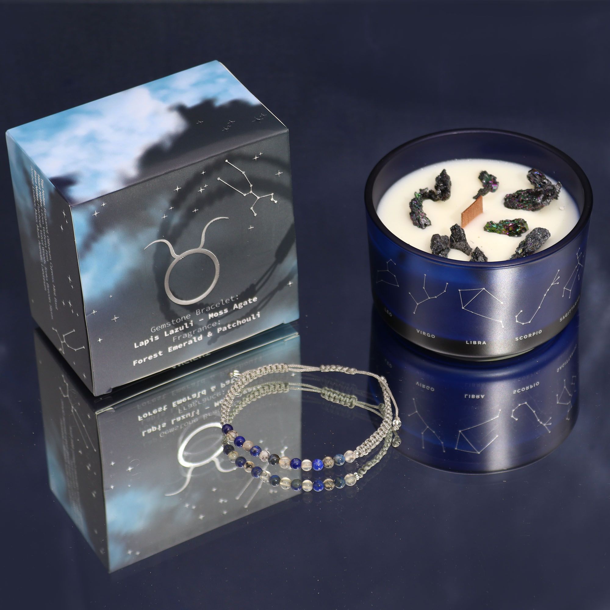 * Bougie Cristal Zodiaque avec Bracelet en Pierres Précieuses – Taureau