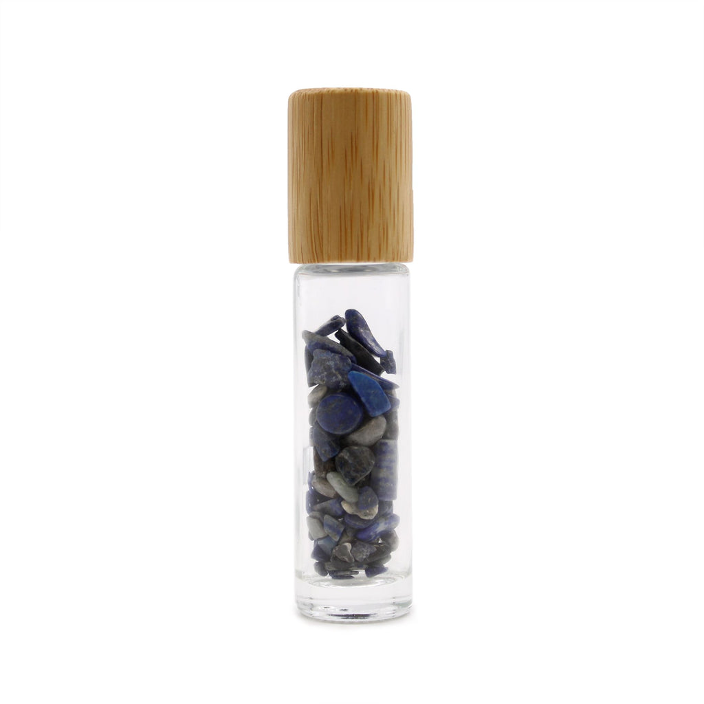 * Flacon roll-on pour huiles essentielles en sodalite – 5 ml, bouchon en bois et bille en sodalite