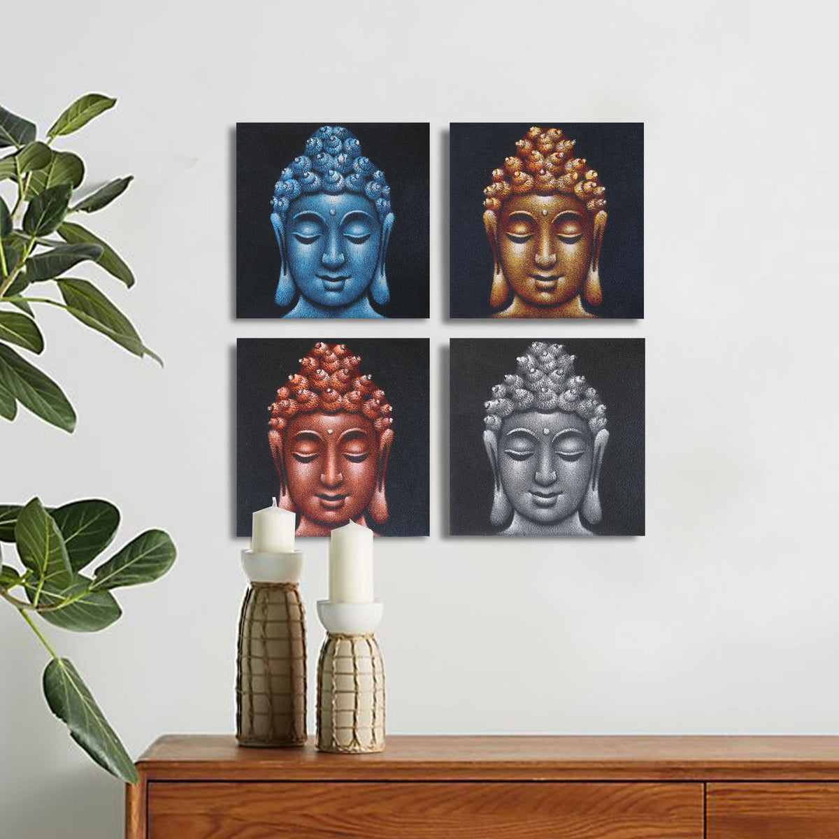 * Ensemble de 4 tableaux de têtes de Bouddha avec détails sablés, 30 × 30 cm