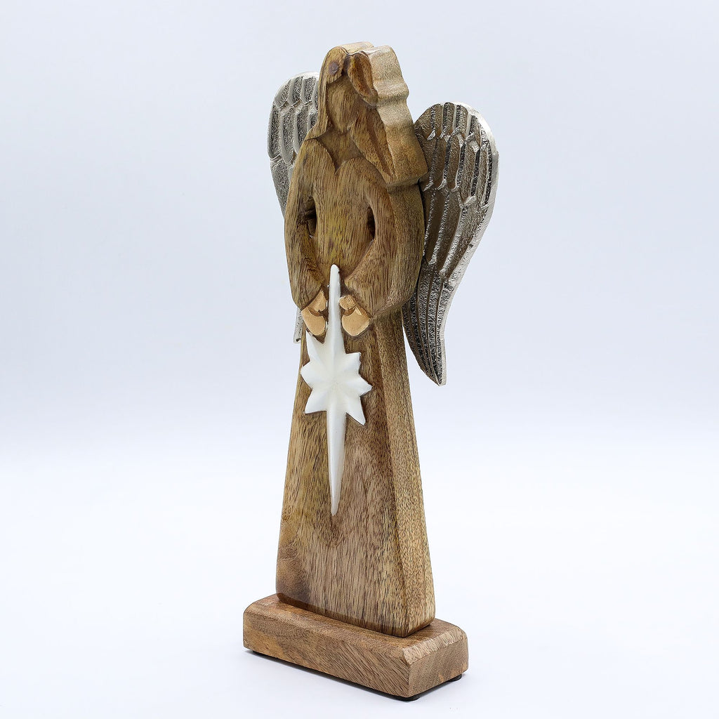 * Grand ange de la paix en bois de manguier 30 cm – Ailes en métal et détails émaillés