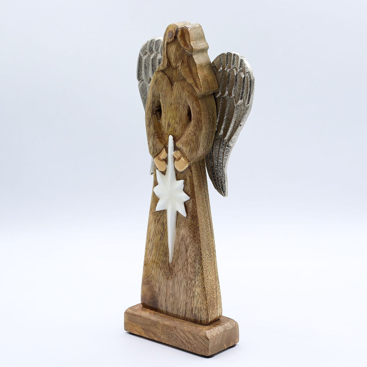 * Grand ange de la paix en bois de manguier 30 cm – Ailes en métal et détails émaillés