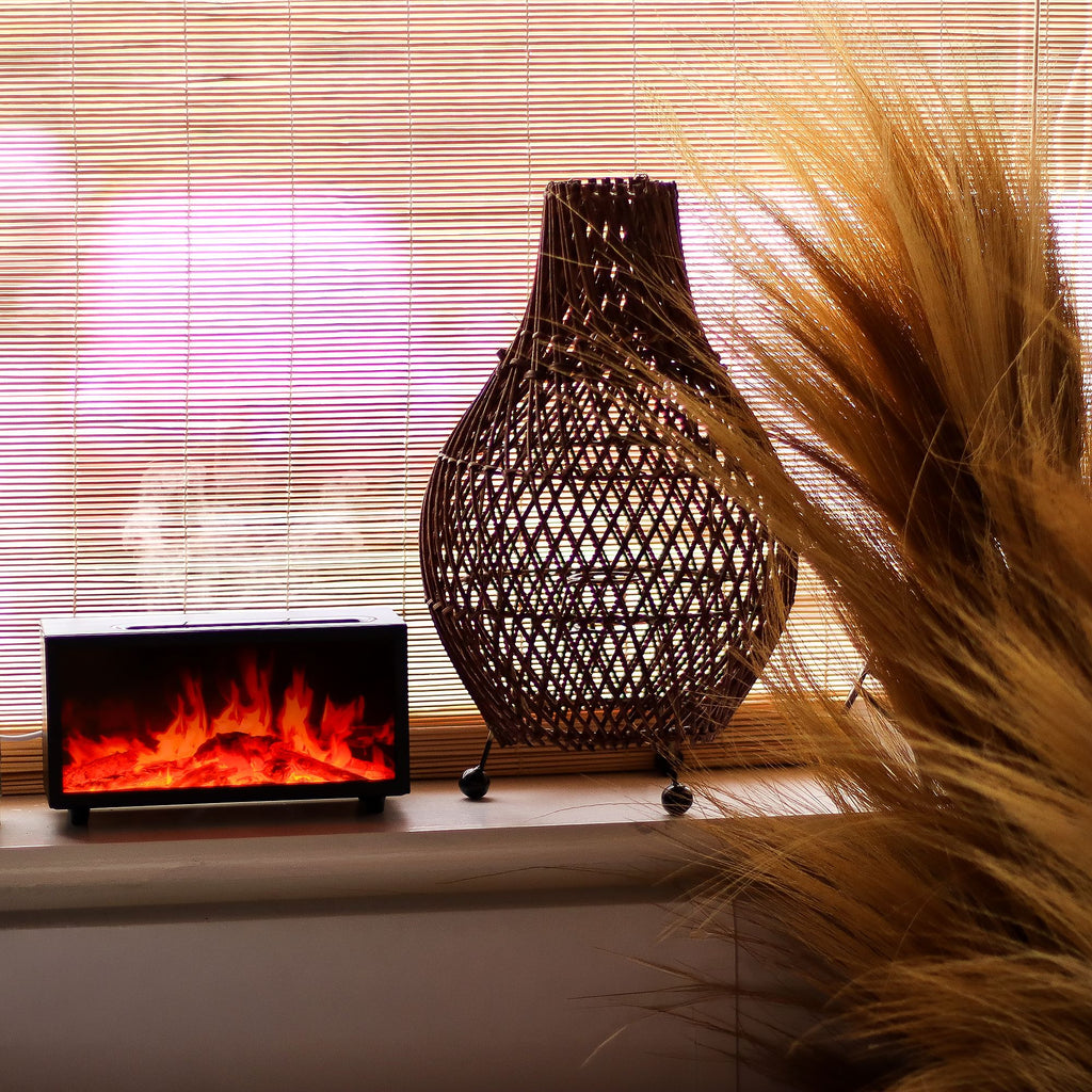 * Diffuseur aromatique effet flamme avec chants d’oiseaux – Noir, USB et éclairage multicolore