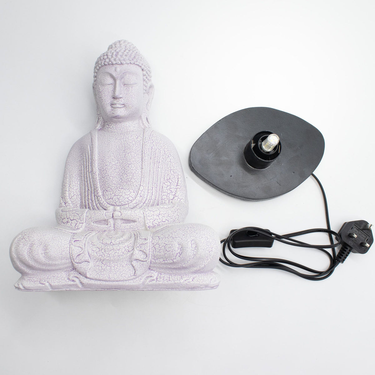 * Lampe Bouddha en méditation – Finition lavande craquelée et socle ovale