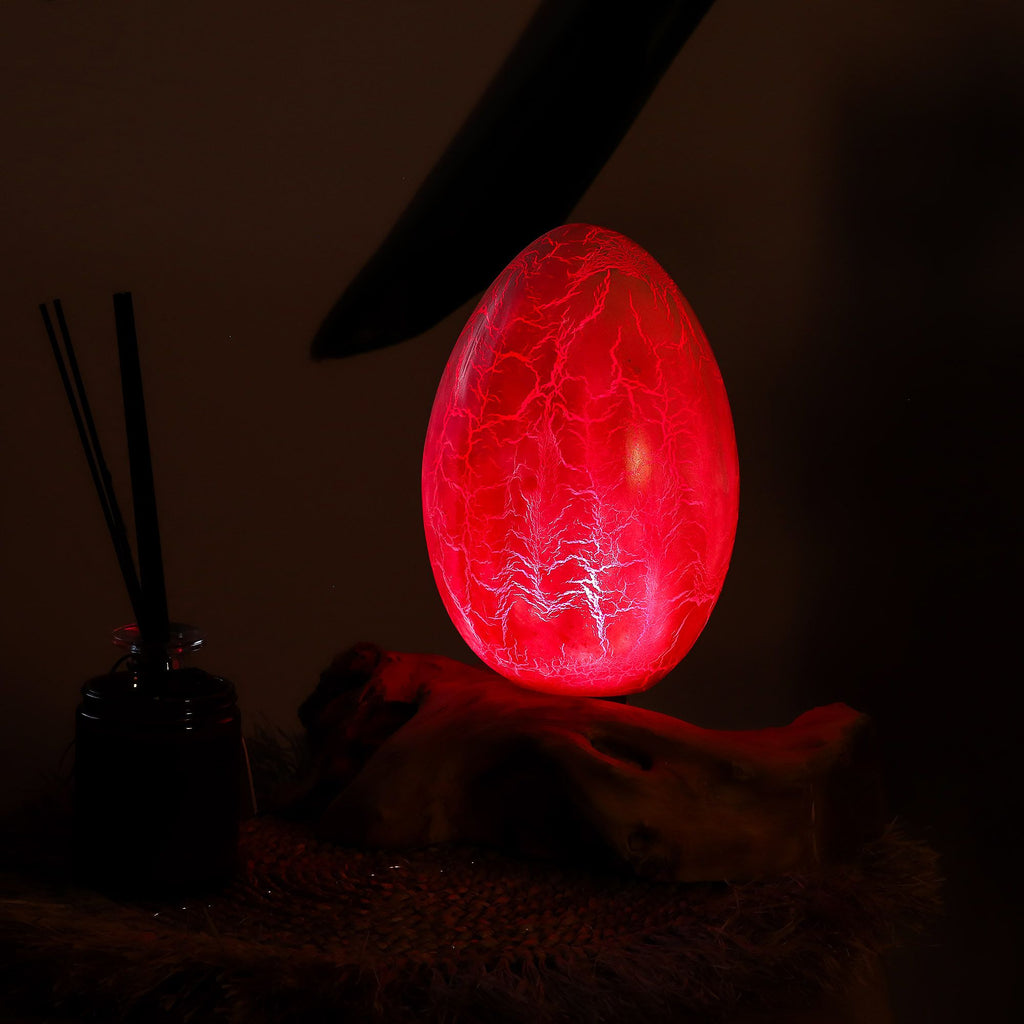 * Lampe DriftGlow Crackle Fire – Abat-jour œuf orange craquelé et pied en bois flotté