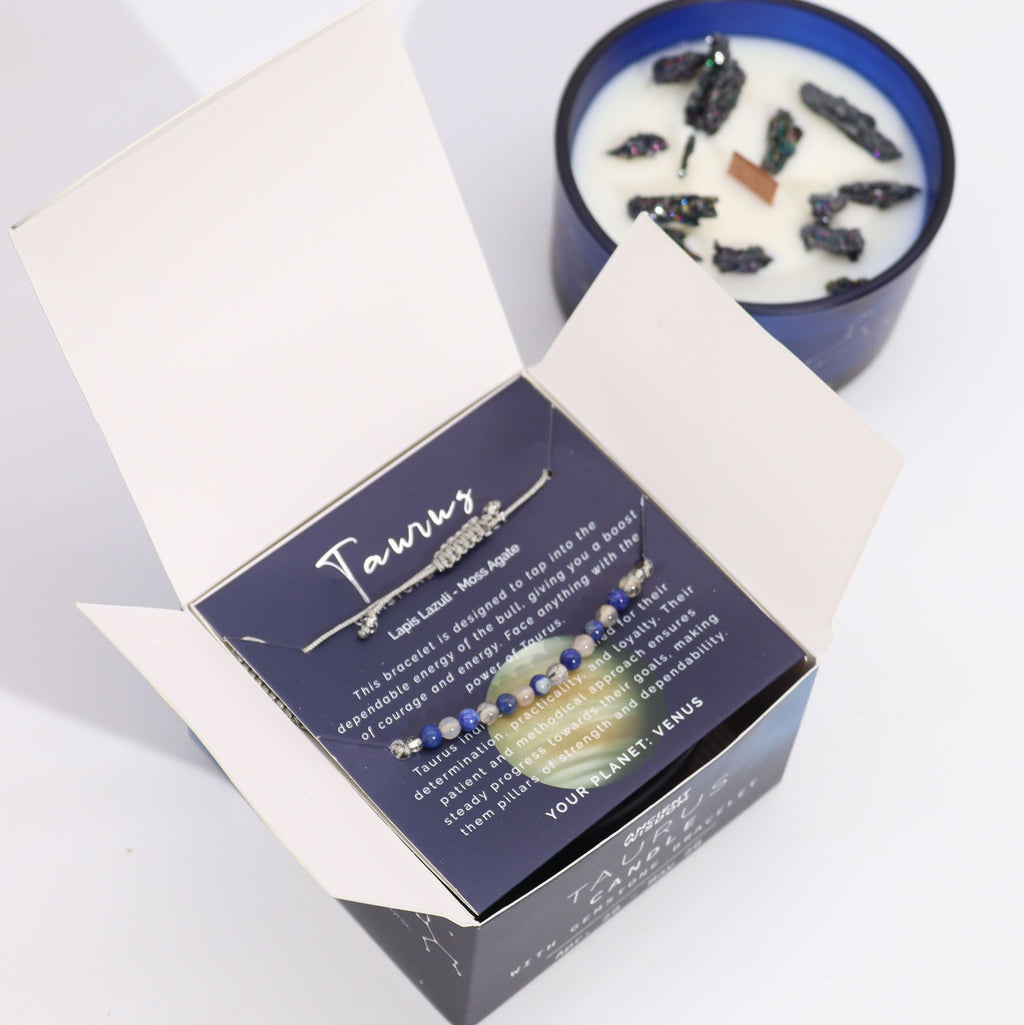 * Bougie Cristal Zodiaque avec Bracelet en Pierres Précieuses – Taureau