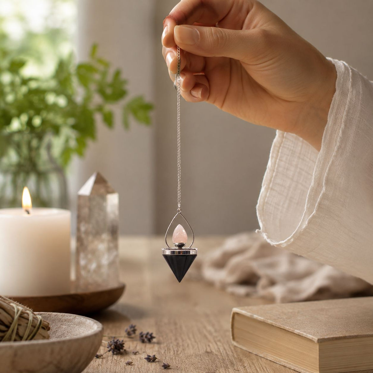 Pendule « Lanterne de vie » en agate noire et quartz rose