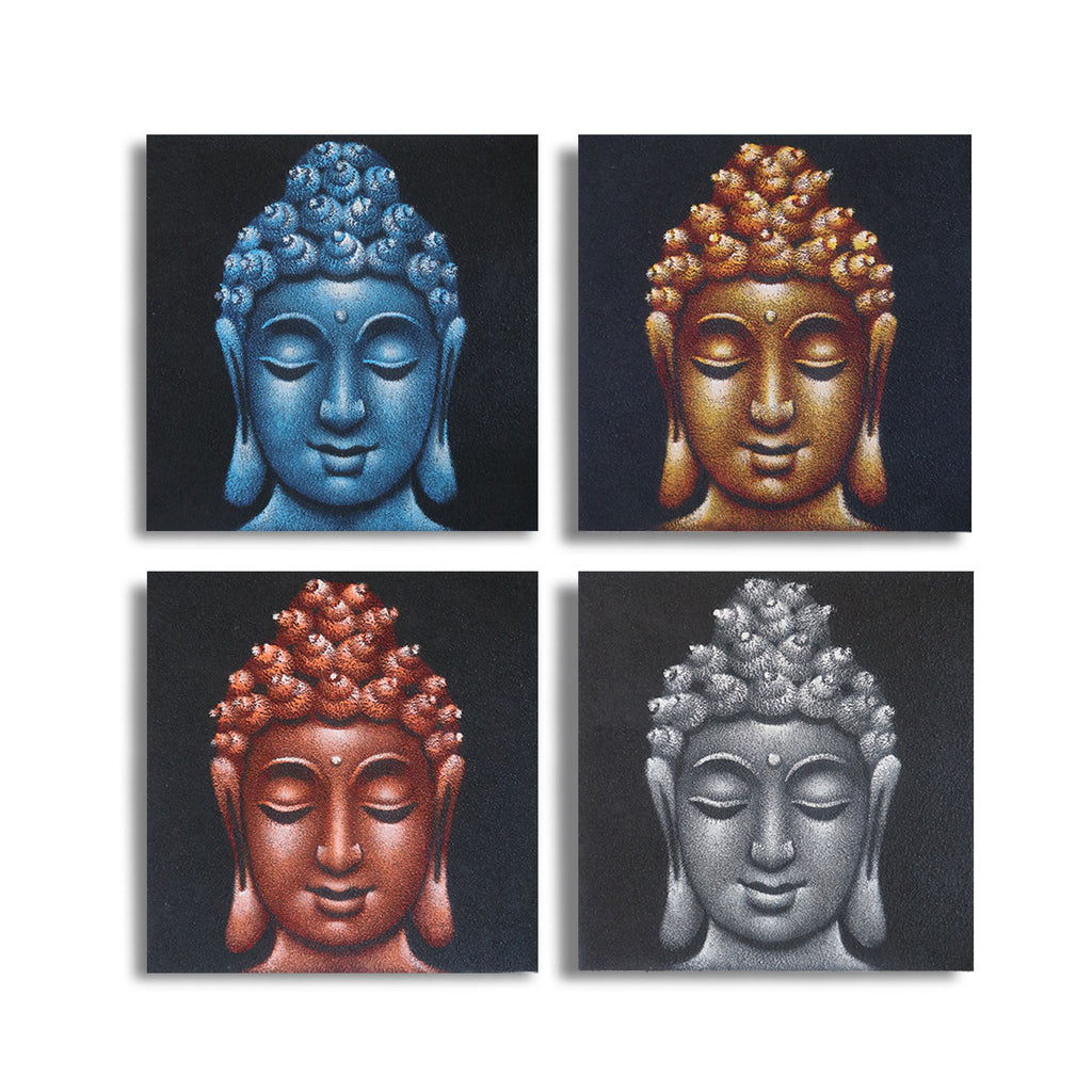 * Ensemble de 4 tableaux de têtes de Bouddha avec détails sablés, 40 × 40 cm