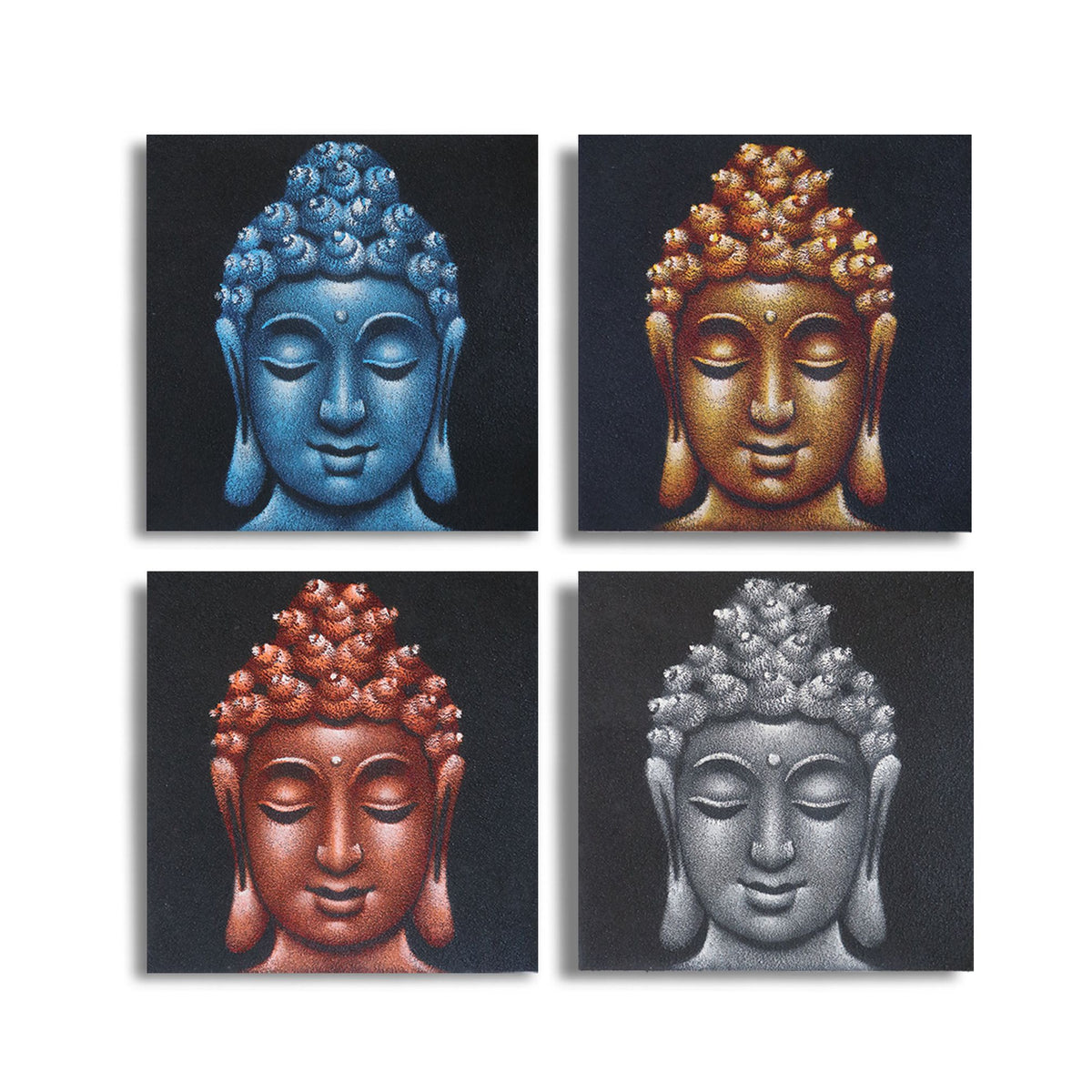 * Ensemble de 4 tableaux de têtes de Bouddha avec détails sablés, 40 × 40 cm