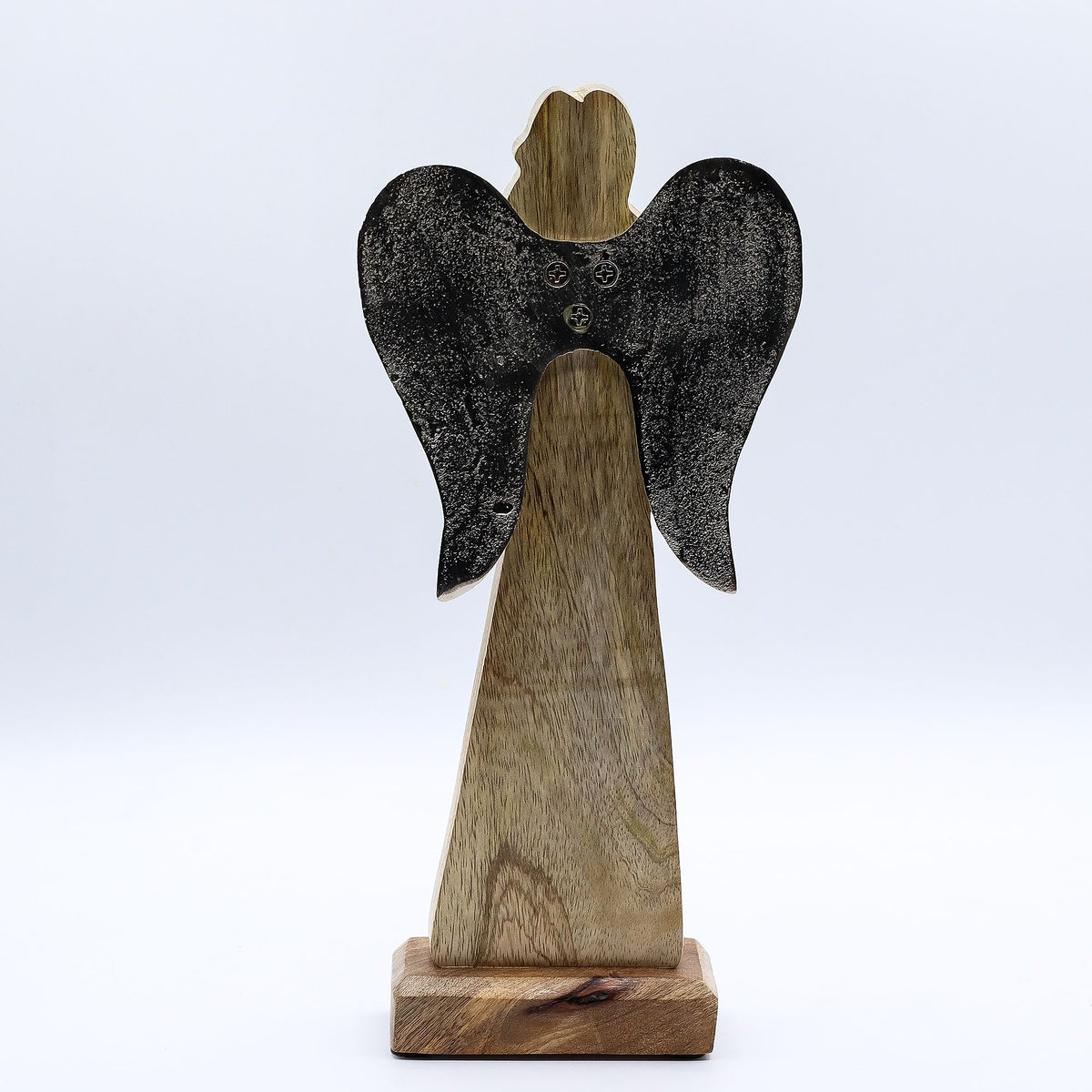 * Grand ange de la paix en bois de manguier 30 cm – Ailes en métal et détails émaillés