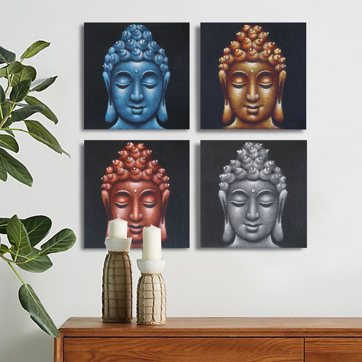 * Ensemble de 4 tableaux de têtes de Bouddha avec détails sablés, 40 × 40 cm