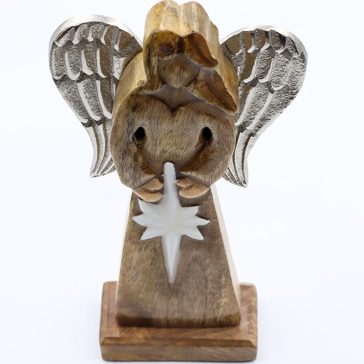 * Grand ange de la paix en bois de manguier 30 cm – Ailes en métal et détails émaillés