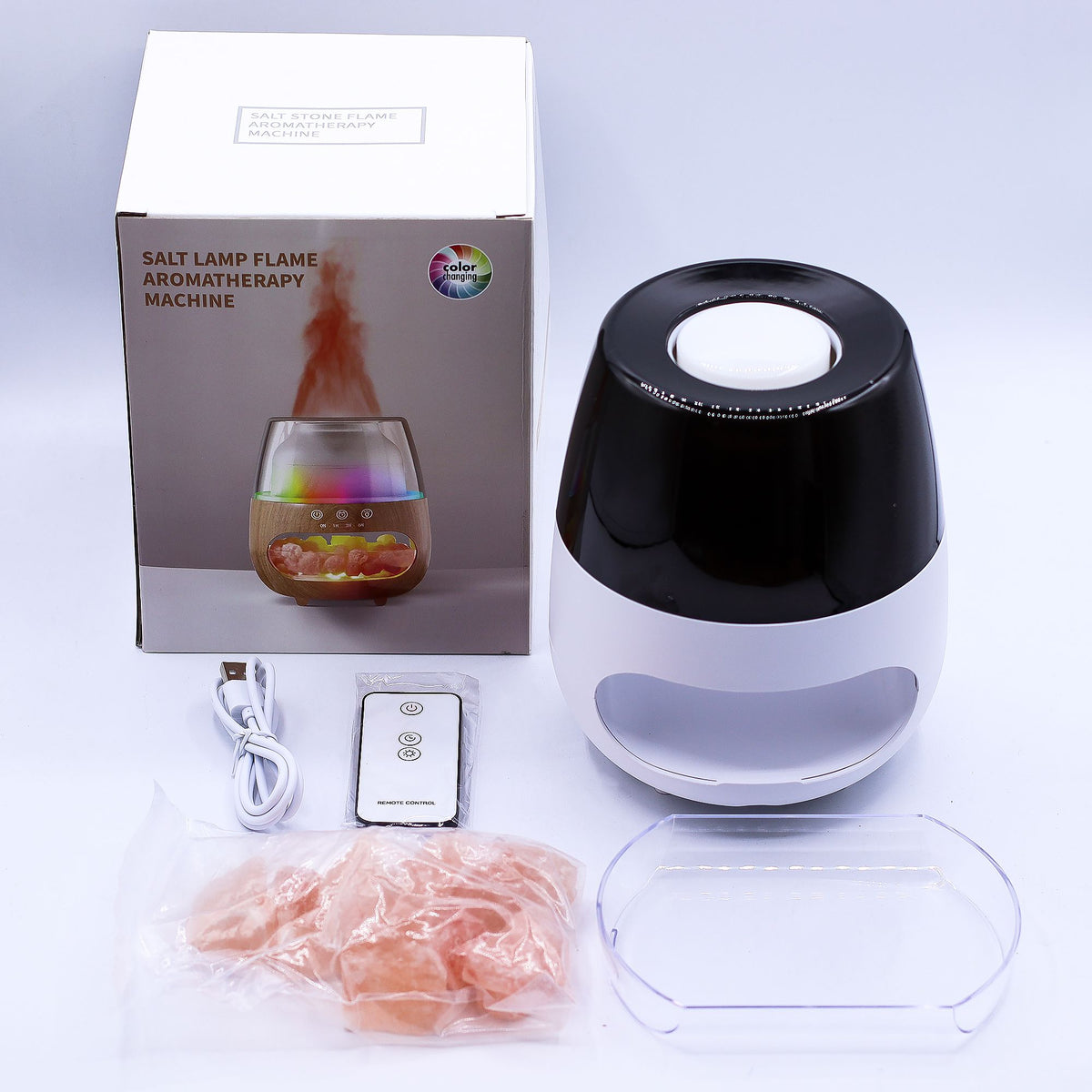 * Diffuseur aromatique effet pierre de sel et flamme – Blanc, USB, éclairage multicolore et minuterie