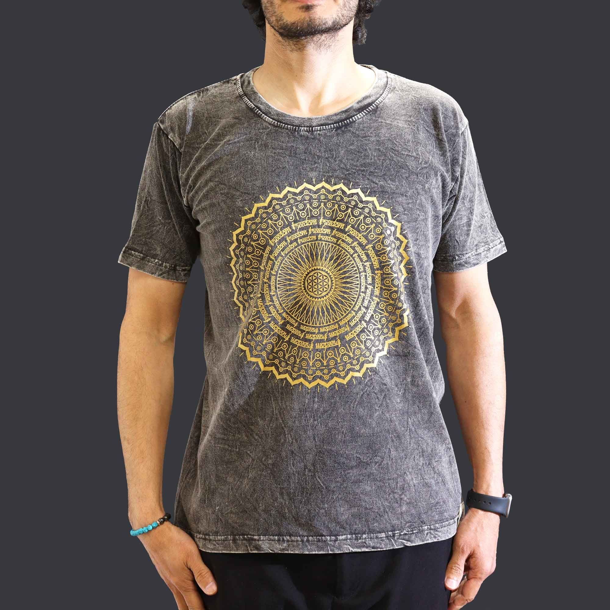 * T-Shirt en Coton Délavé Nomad Sari – Mandala – Gris Foncé – M