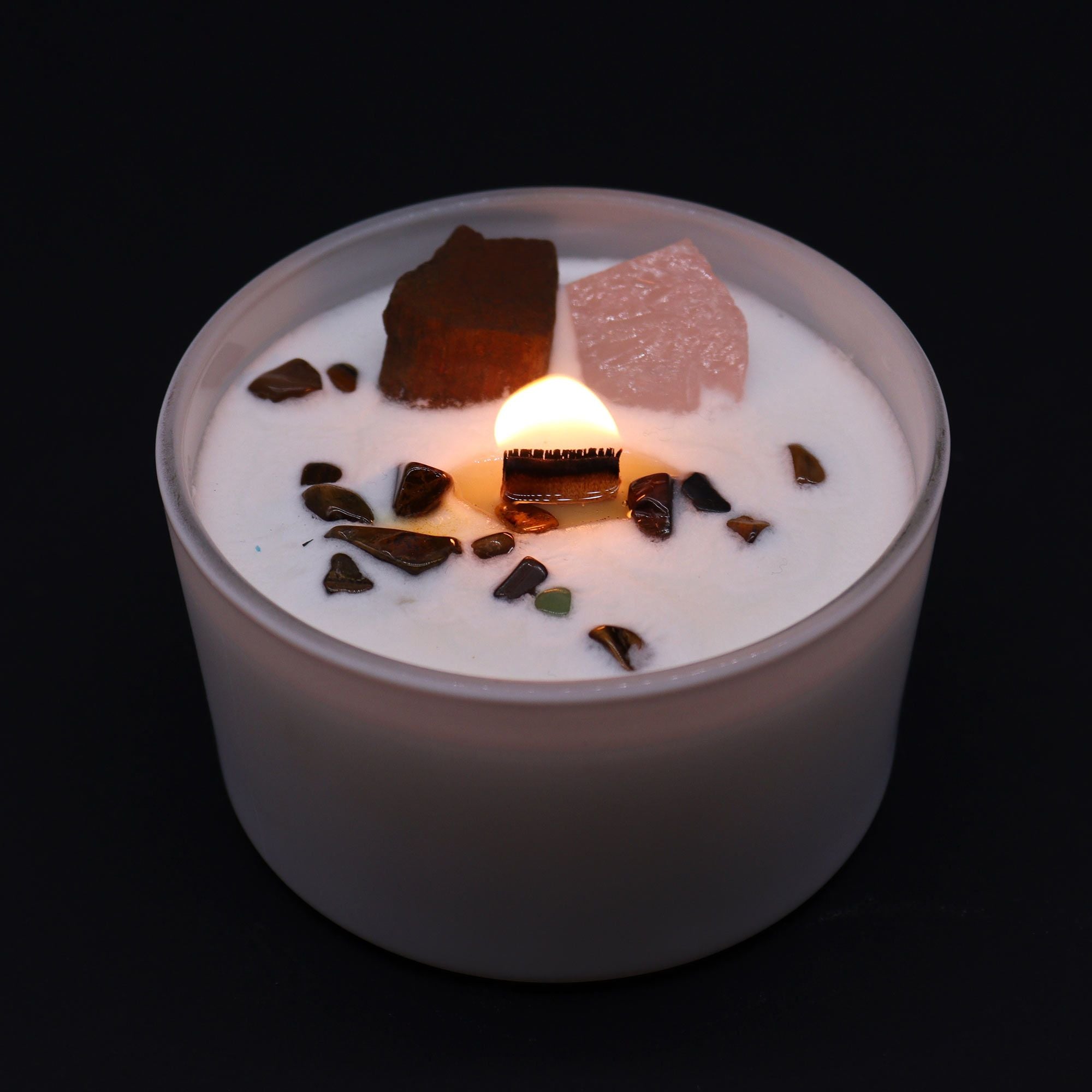 Bougie Cristal Chakra Sacral – Œil de Tigre & Quartz Rose