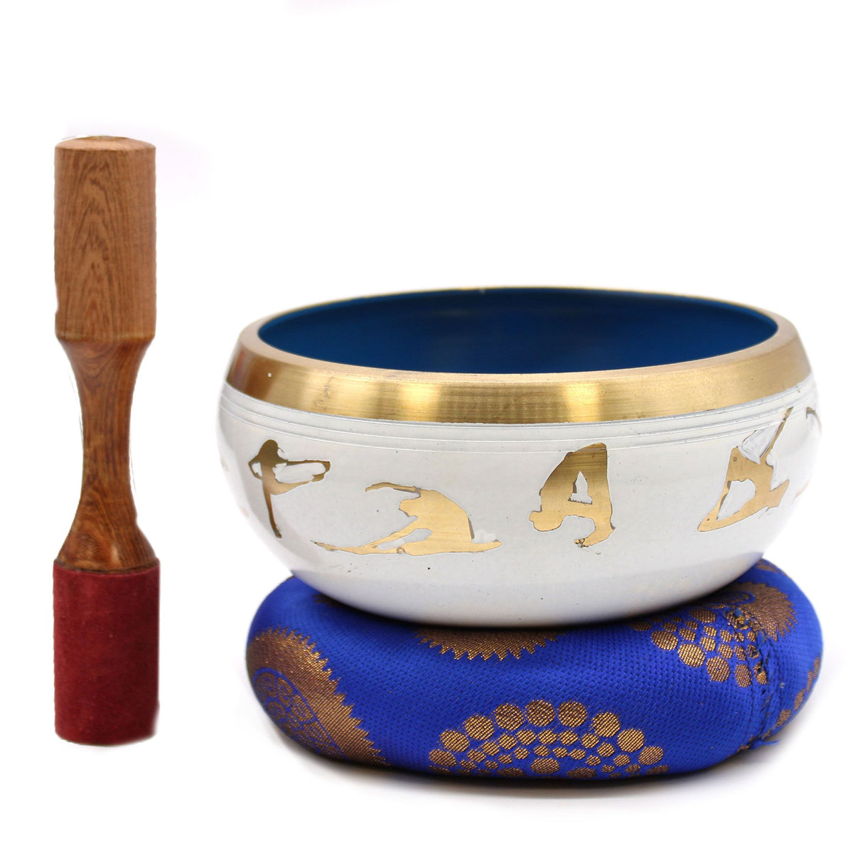 * Grand coffret de bol chantant blanc et bleu aux postures de yoga, 14 cm