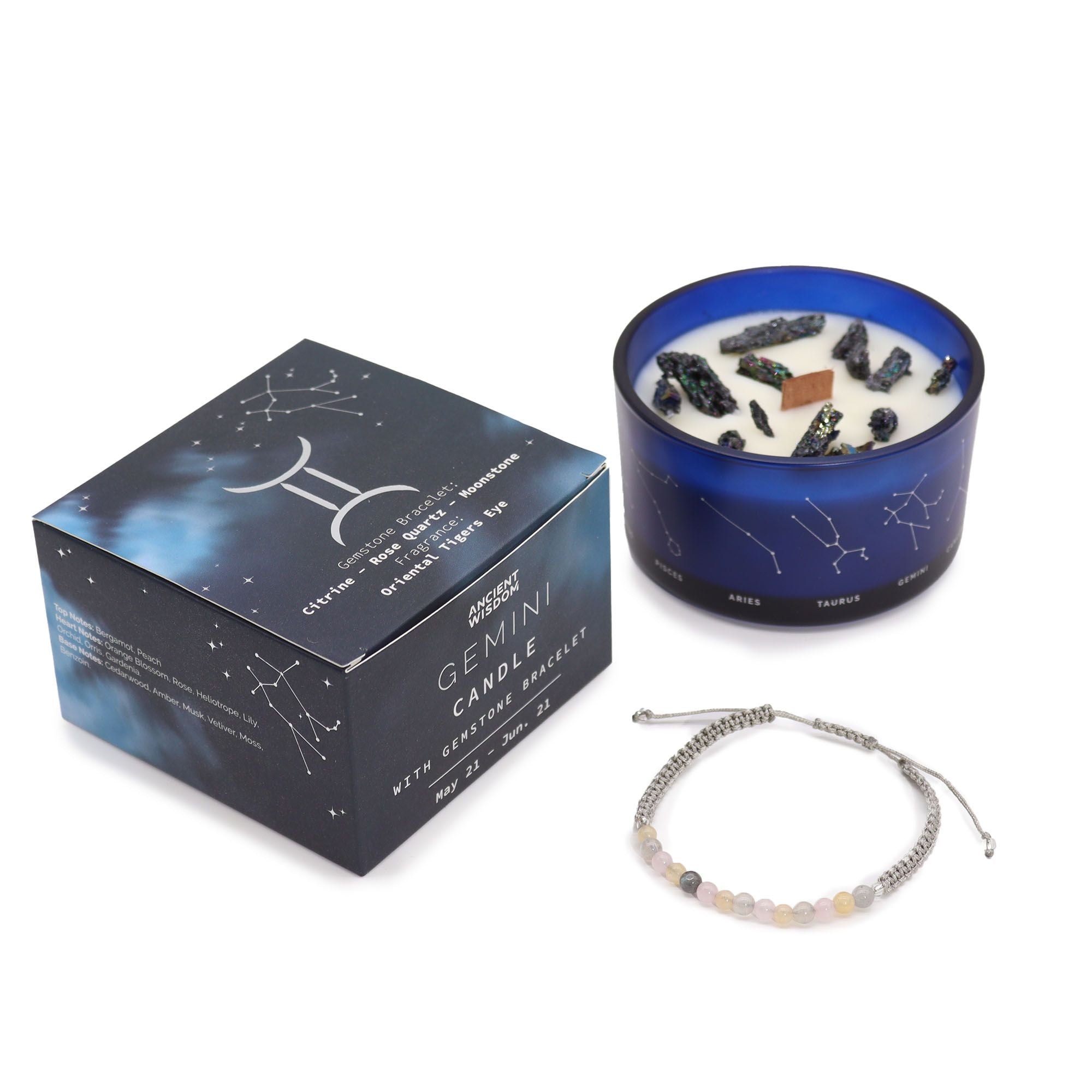 * Bougie Cristal Zodiaque avec Bracelet en Pierres Précieuses – Gémeaux