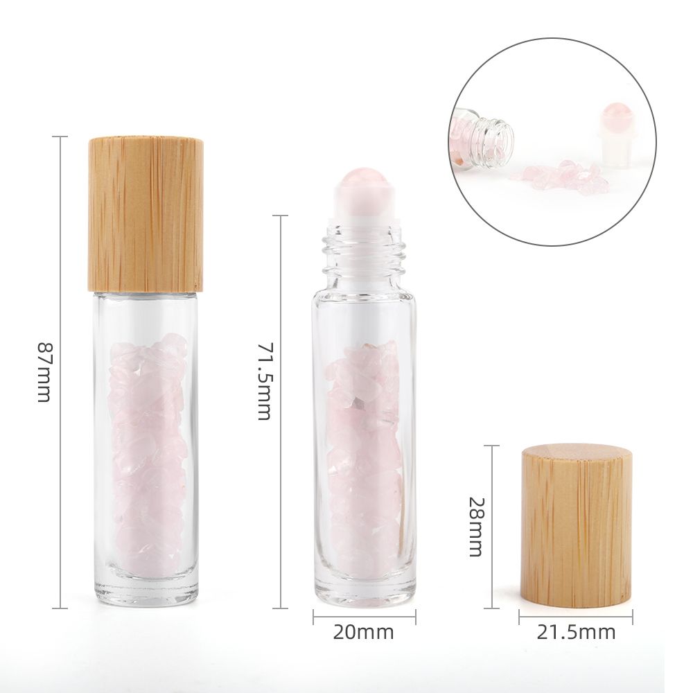 Flacon roll-on 5 ml pour huiles essentielles en quartz rose, bouchon en bois et bille en pierre
