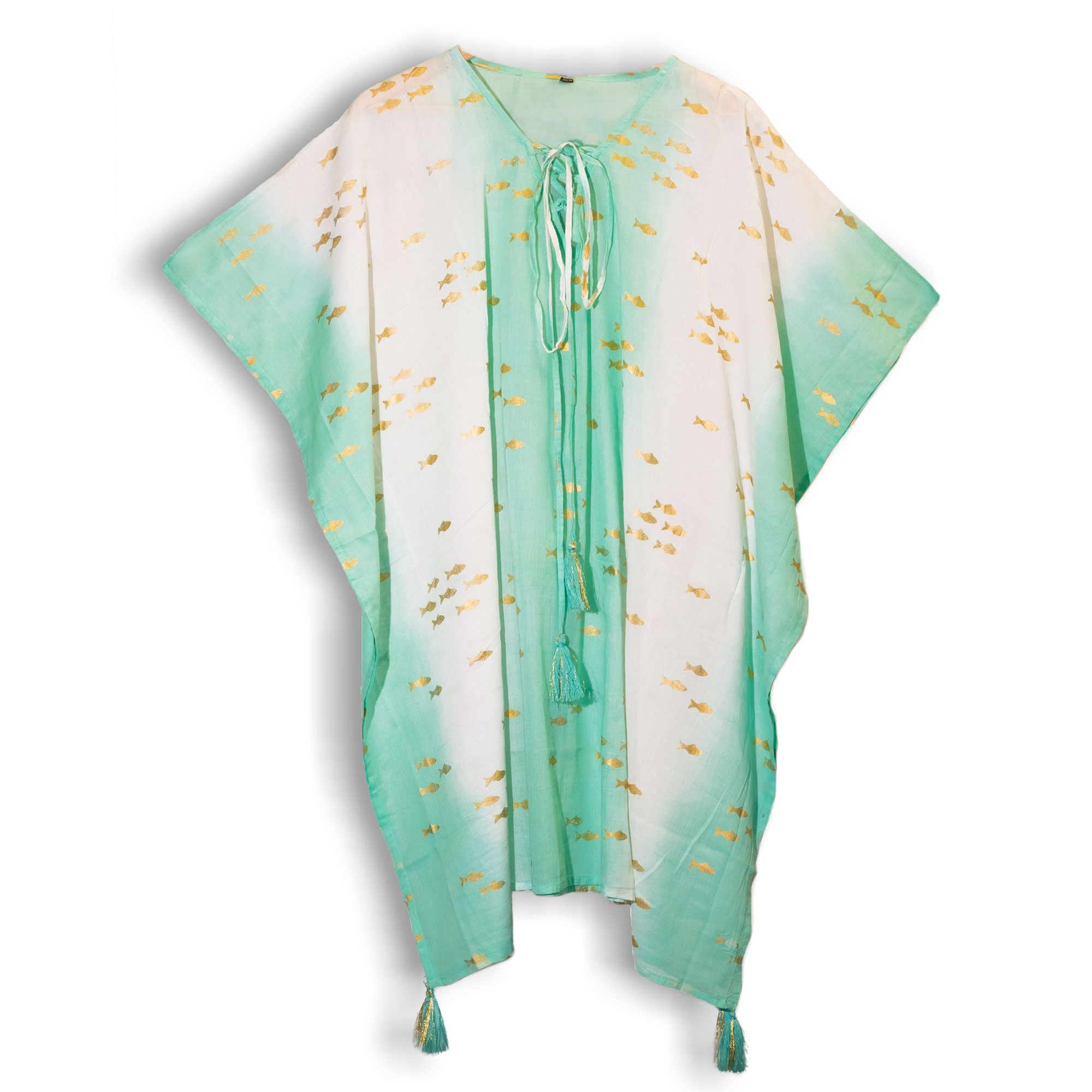 Kaftan Femme Blanc, Turquoise & Poisson Doré – Collection Nomad Sari Méditerranée
