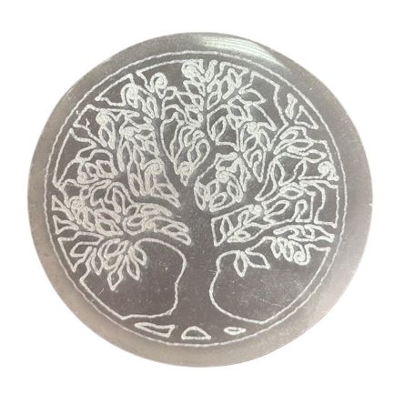 Petite plaque de rechargement en sélénite motif Arbre de vie, 8 cm