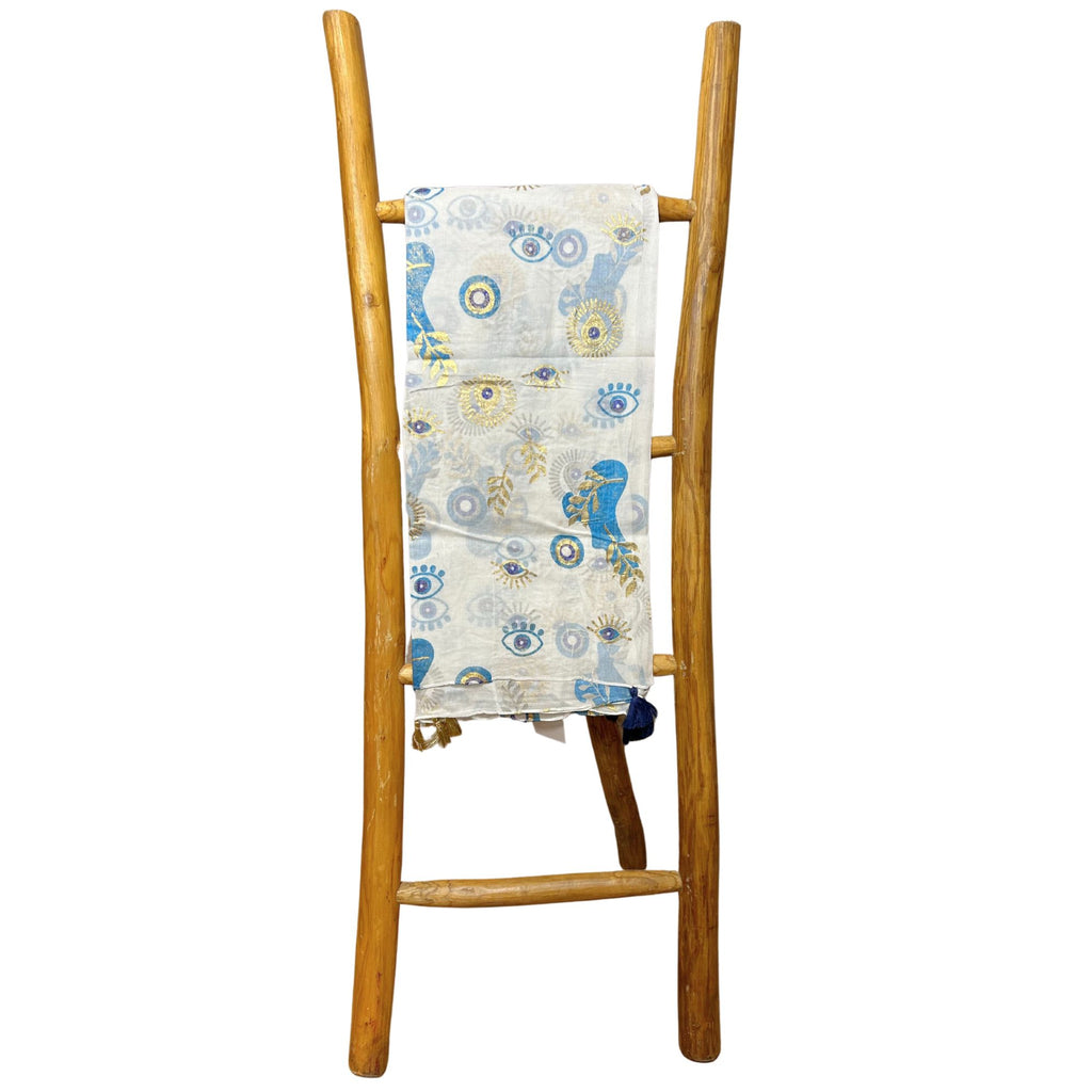 Paréo Femme Blanc, Bleu & Or Mauvais Œil Doré Peint à la Main – Collection Nomad Sari Méditerranée