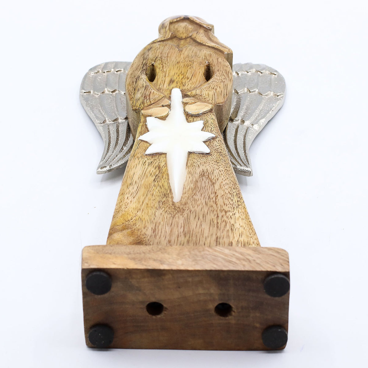 * Grand ange de la paix en bois de manguier 30 cm – Ailes en métal et détails émaillés