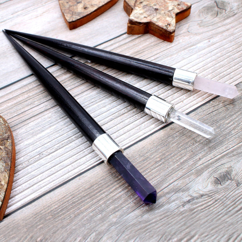 Baguette énergétique simple à pointe – Quartz rose, cristal de roche et améthyste