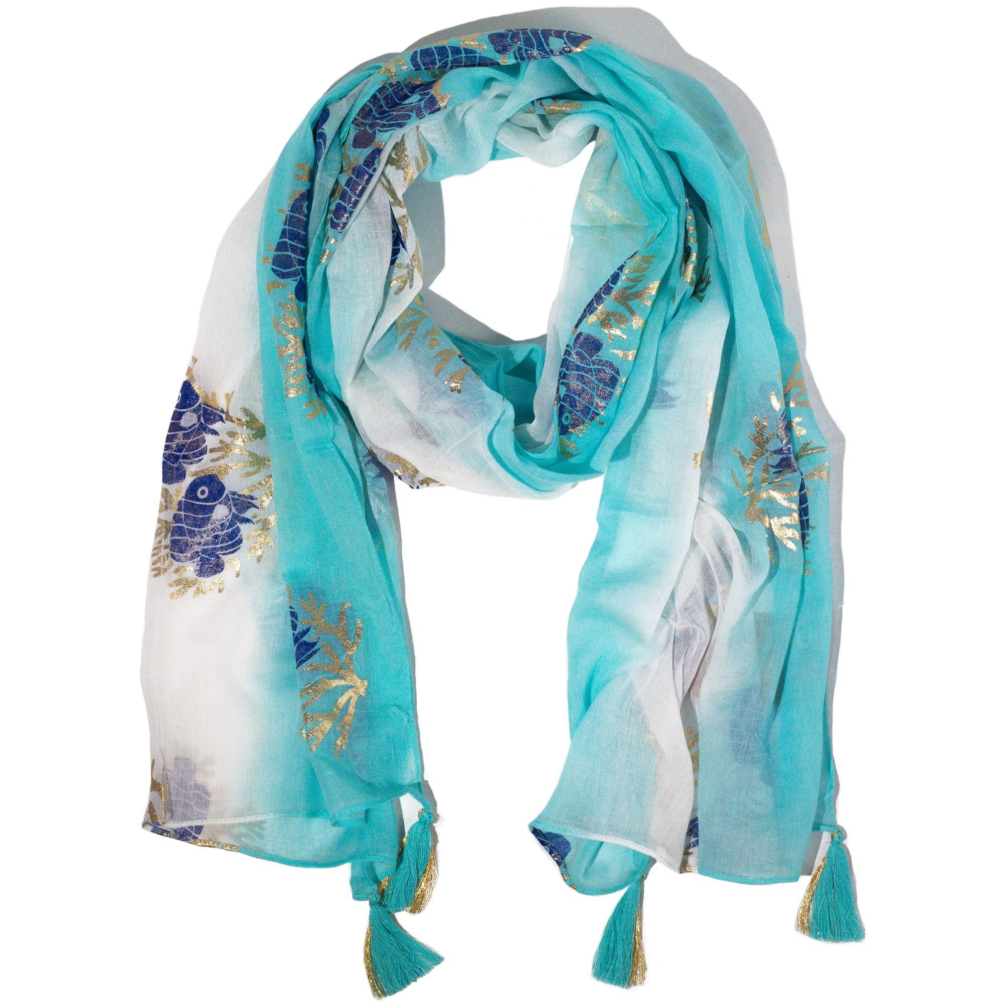 Foulard Femme Aqua Poisson Turquoise & Détails Dorés – Collection Nomad Sari Méditerranée (180x50cm)