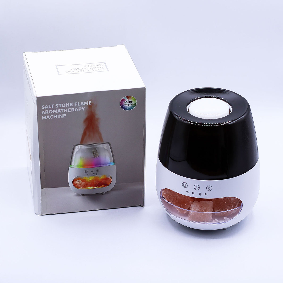 * Diffuseur aromatique effet pierre de sel et flamme – Blanc, USB, éclairage multicolore et minuterie
