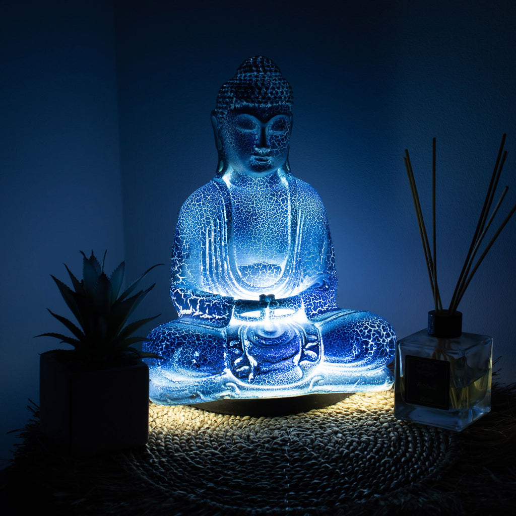 * Lampe Bouddha en méditation – Bleu ciel et socle ovale