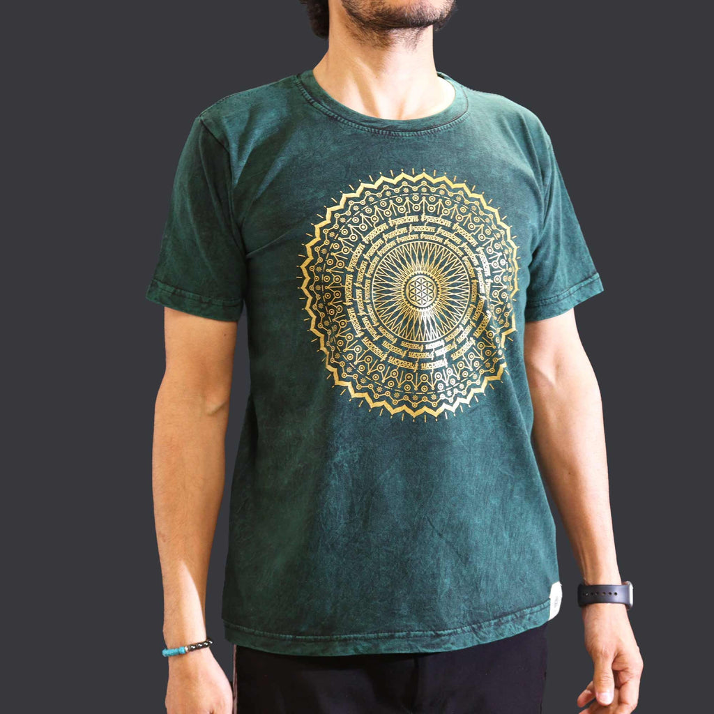 * T-Shirt en Coton Délavé Nomad Sari – Mandala – Vert – M