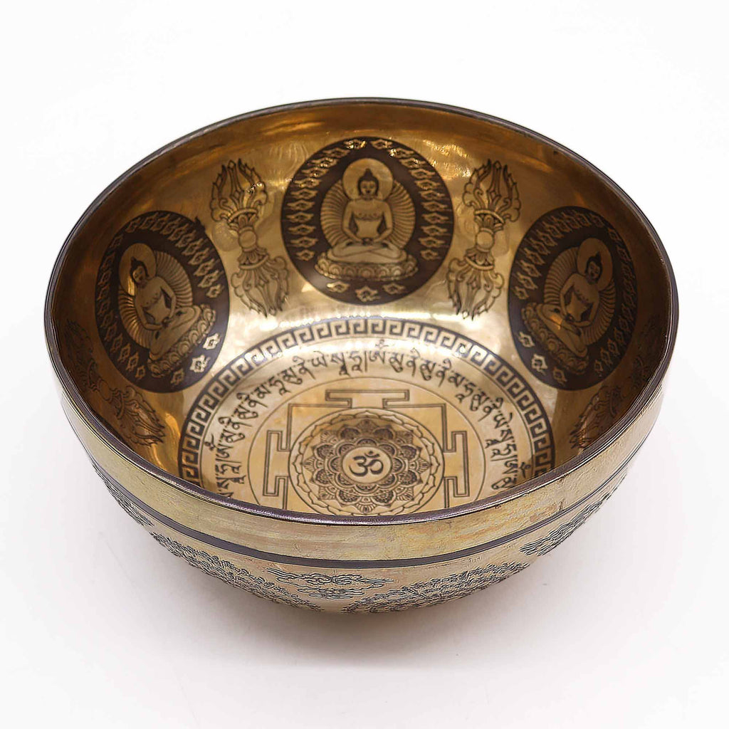 * Bol chantant tibétain gravé Om et Bouddha, 21 cm