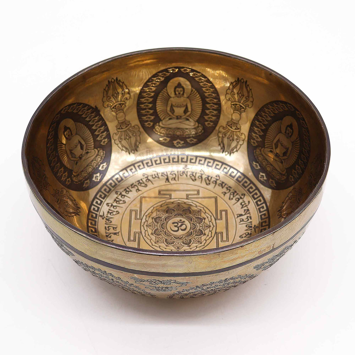 * Bol chantant tibétain gravé Om et Bouddha, 21 cm