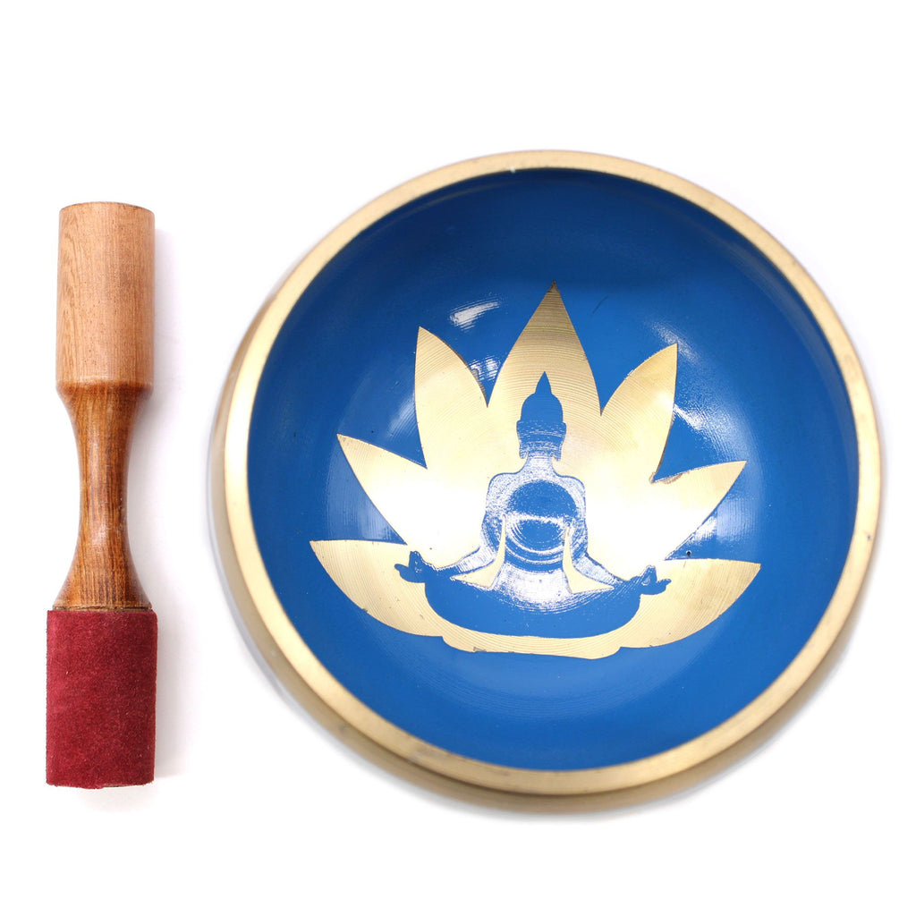 * Grand coffret de bol chantant blanc et bleu aux postures de yoga, 14 cm