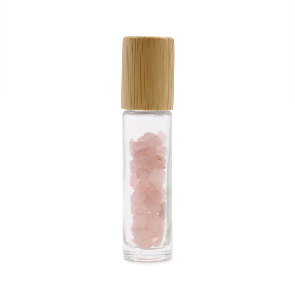 Flacon roll-on 5 ml pour huiles essentielles en quartz rose, bouchon en bois et bille en pierre