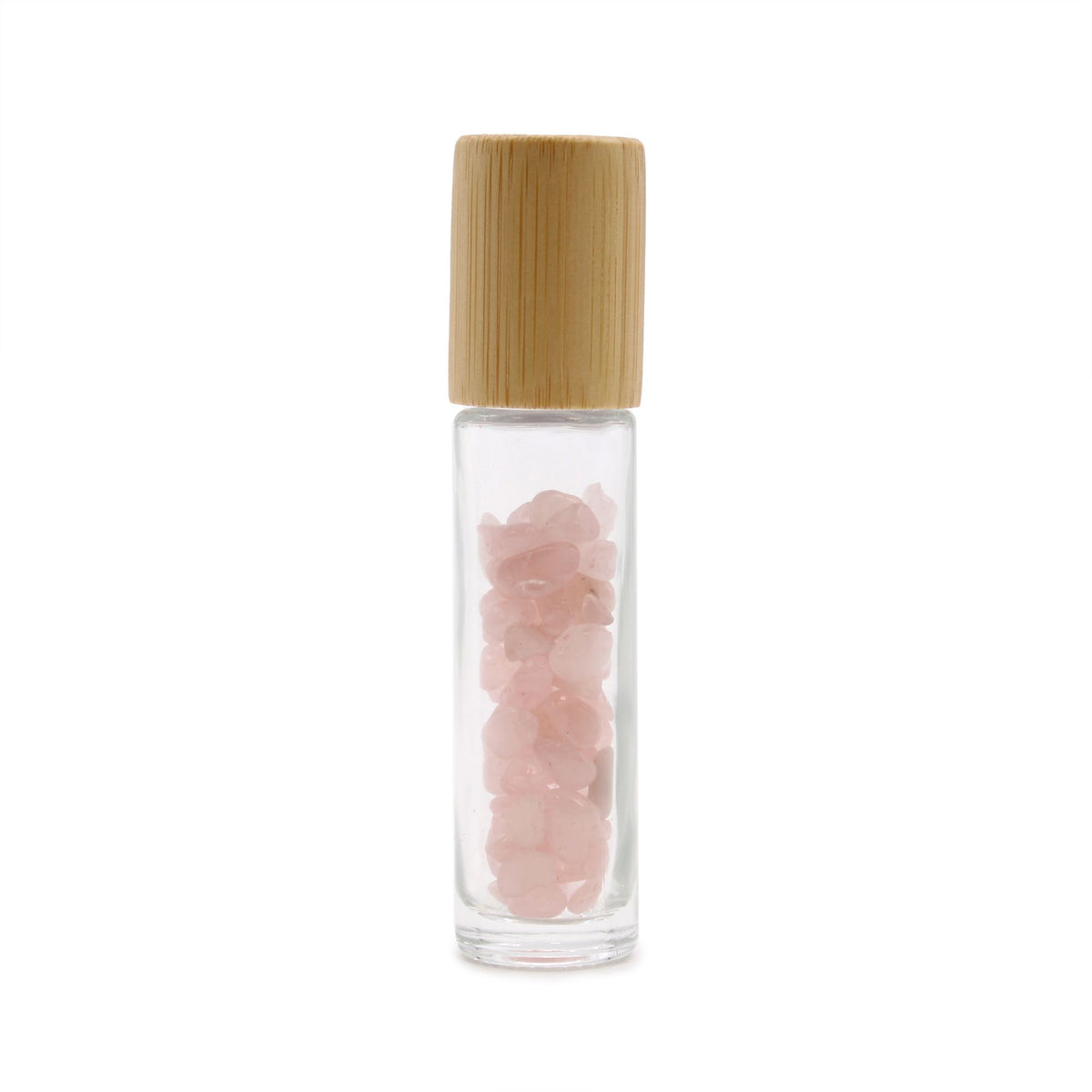 Flacon roll-on 5 ml pour huiles essentielles en quartz rose, bouchon en bois et bille en pierre