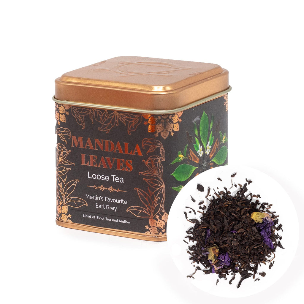 Thé Earl Grey Préféré de Merlin 50g – Thé Noir Bergamote & Fleurs de Mauve | Boîte Métallique
