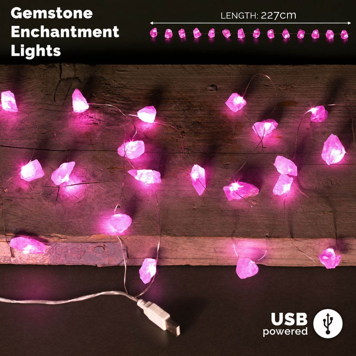 Guirlande lumineuse en quartz rose, alimentation USB
