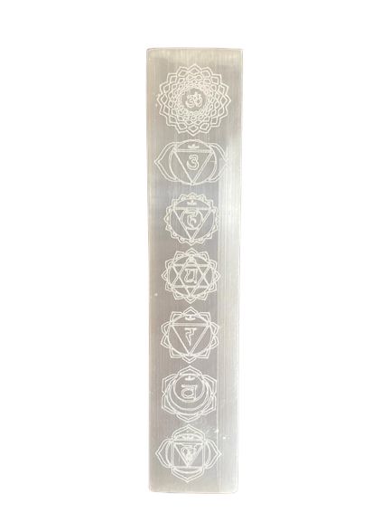 Plaque de rechargement plate en sélénite motif chakras, 20 cm