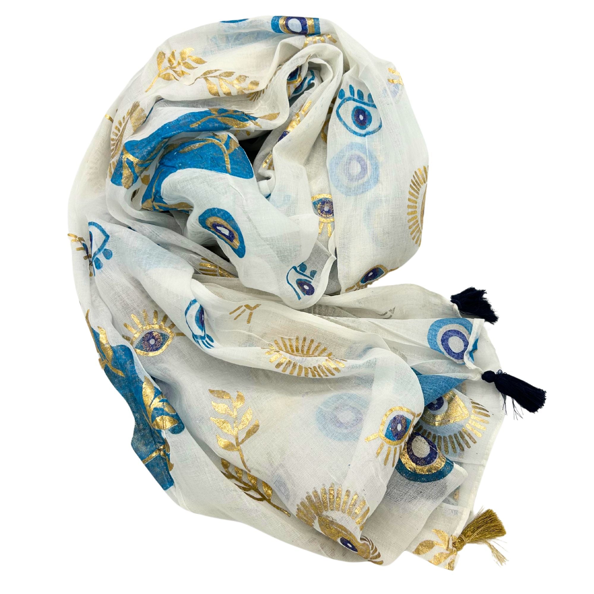 Paréo Femme Blanc, Bleu & Or Mauvais Œil Doré Peint à la Main – Collection Nomad Sari Méditerranée
